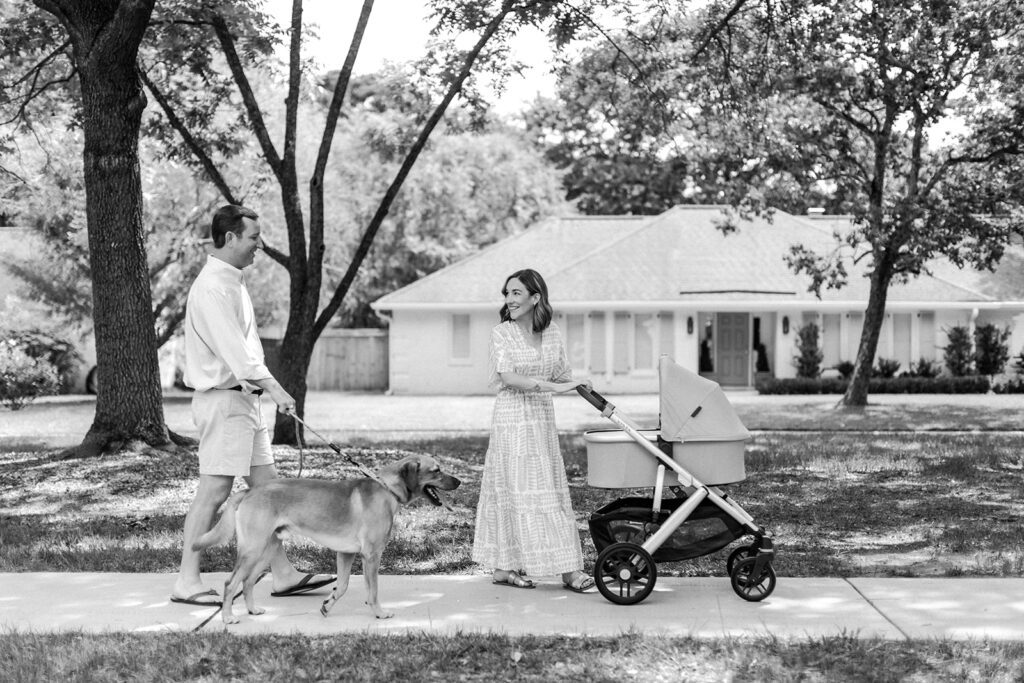 A family takes their newborn baby on a walk in a stroller with the dog on a tree lined street with big oak trees during a newborn photography session.